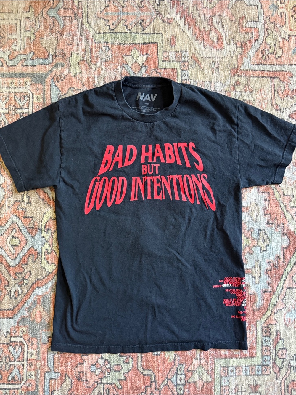 VLONE Black Short Sleeve Tee with Red "Bad Habits But Good Intentions" Graphic